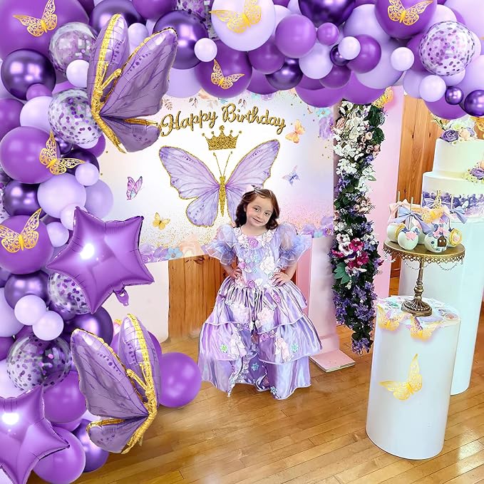 Purple Balloon Arch Kit with Foil Butterfly Balloons, Happy Birthday Backdrop & Tablecloth Decorations for Girl's Party