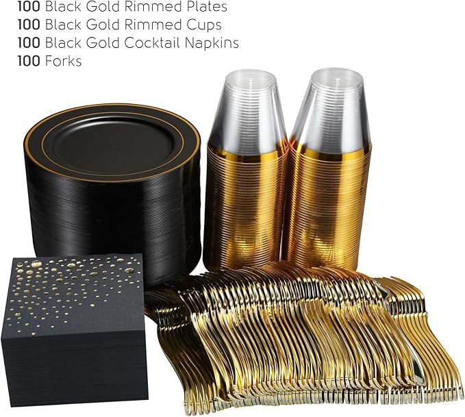 The Essential Concierge Stylish 7.5 Inch Gold and Black Cake Plates with Disposable Cups, Forks and Cocktail Napkins (100 Set of Each) - Small Appetizer Plates, Disposable Cake Plates or Salad Plate