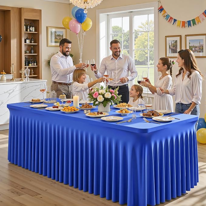 Shillance 2 Packs Royal Blue Tableclothes for 6 Foot Rectangle Table, Wrinkle Free Spandex Tablecovers 6FT Stretch Fitted Table Cloth with Skirt for Birthday Parties Graduations Event Wedding Banquet