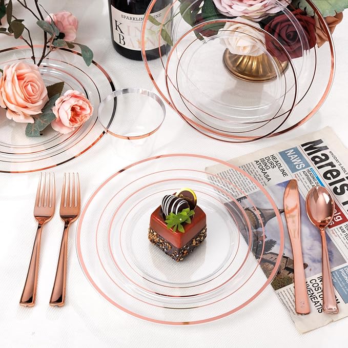 bUCLA 600PCS Clear Rose Gold Plastic Dinnerware Set Disposable - Include 100 Dinner Plates, 100 Dessert Plates, 100 Knives, 100 Forks, 100 Spoons, 100 Cups for Party, Wedding & Mother's Day