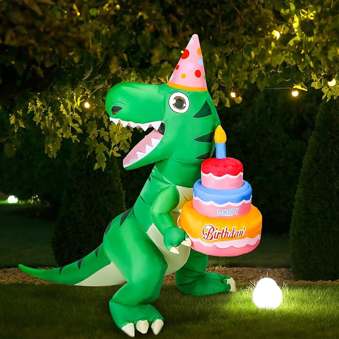 Sosation 6 ft Tall Lighted Birthday Inflatable Green Dinosaur with Cake Blow up Dinosaur Cake Decoration with Build in LED Lights for Birthday Party Outdoor Indoor Yard Lawn Garden