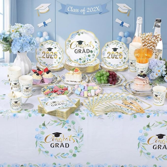 Funnymoom 452 Pcs Class of 2026 Blue Floral Graduation Decoration Party Supply for 50, Blue Gold Congrats Grad Paper Plates Napkins Cup Tablecloth Cutlery Straw for Freshly Graduated Decoration