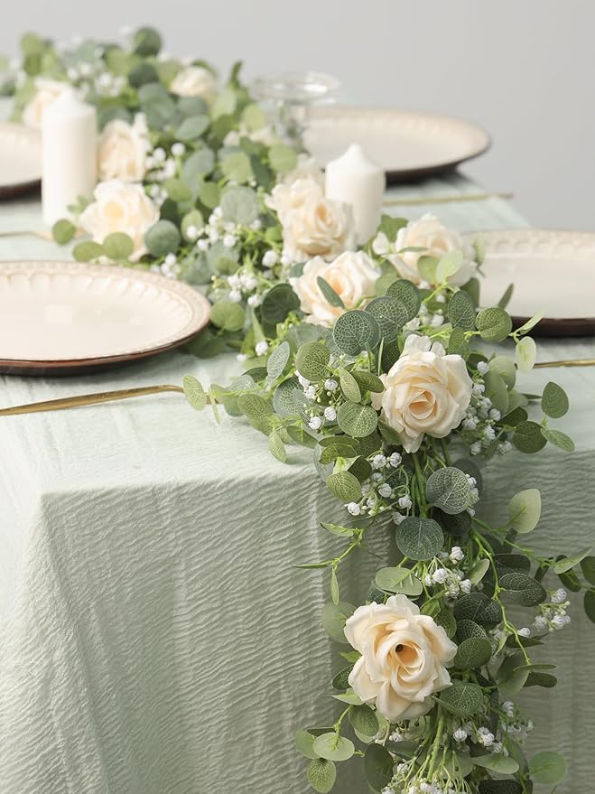 Anna's Whimsy 5.91FT Artificial Eucalyptus Greenery with Flowers, Fake Rose Gypsophila for Wedding Spring Home Party Decor