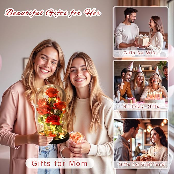 Mothers Day,Birthday Gifts for Women,Beauty and The Beast Rose,Artificial Silk Rose Preserved Forever in Glass Dome,Valentine's Day,Christmas,Anniversary,Flower Roses Gifts for Mom Wife Girlfriend