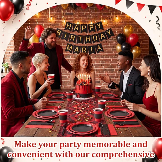 400 Pcs Red and Black Party Supplies for 50 Guests, Red and Black Paper Plates Cups Napkins Cutlery Disposable Tableware Set for Birthday Graduation Wedding Party Decoration