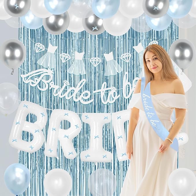 Holkcog Blue Bachelorette Party Decorations, Bride to Be Bridal Shower Decorations, Bride to Be Banner, Bridal Shower Tiara, Sash&Veil, Fringe Curtains, Blue and White Bachelorette Party supply