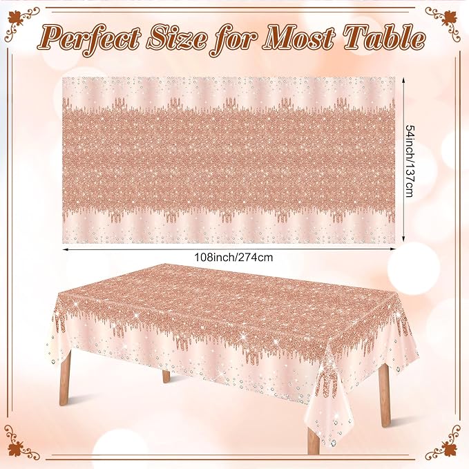 VitalCozy 12 Pack Rose Gold Tablecloth Glitter Diamond Plastic Table Cover Sequin Printed Tablecloth Party Decorations for Halloween Birthday Wedding Anniversary Party Supplies, 54x108 Inch
