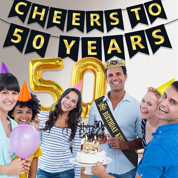 50th Birthday Gifts for Men, 50th Birthday Decorations for Men, Party Decor Supplies including King Crown & Sash & Banner & Balloons & Cake Topper & Candles