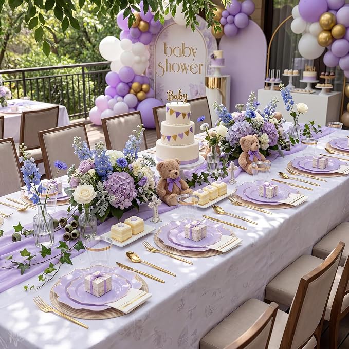 WDF 175Pcs Purple Plates Disposable - Lavender Plastic Plates 25guest Plastic Dinnerware Ideal for Birthday Party/Wedding/Spring/Picnic/First Communion