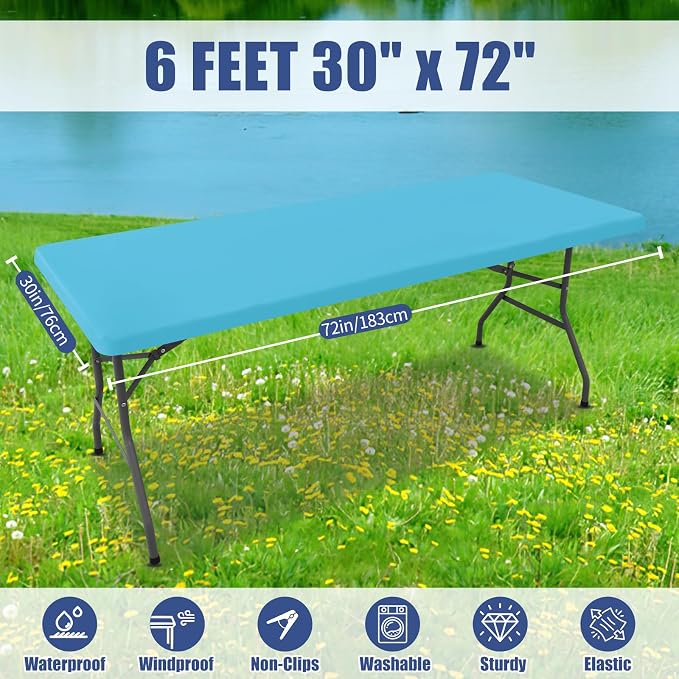 Moosfor Spandex 6 Foot Rectangle Table Cloth 4 Pack, Elastic Fitted Tablecloths for Picnic, Stretch Washable Patio Table Cover for Outdoor, Camping, Banquet and Parties (Blue Mist, 30"x72")