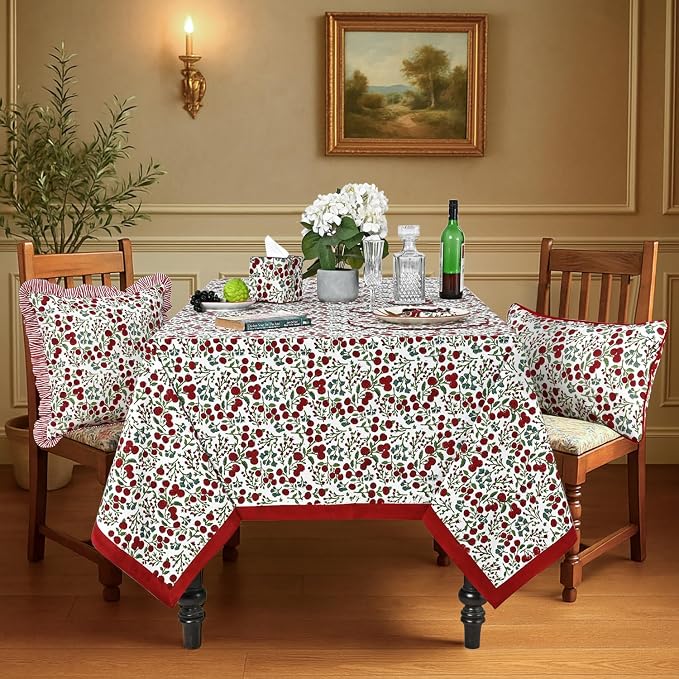 Ridhi Garnet Red Hand Block Print Cotton Rectangle Tablecloth 120" x 80" inches Reusable Table Cover Decorative Everyday Use for Dining Room, Farmhouse, Home Gift for Spring, Mother's Day