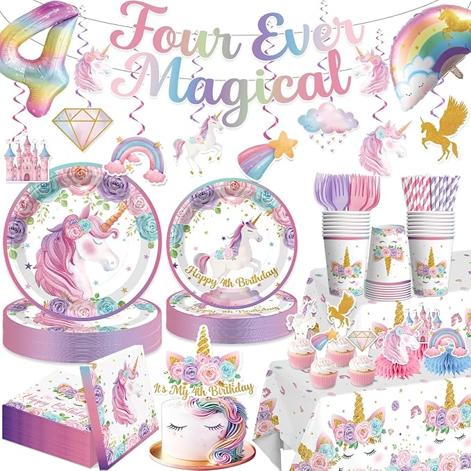 Xynic 190Pcs Unicorn 4th Birthday Decorations, Four Ever Magical Birthday Decorations Tableware Set with Plates and Napkins Serves 25, 2 Tablecloths for Unicorn Decorations