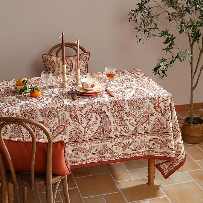 ISAENNE Designer Vintage Linen Rectangular Tablecloth,87"x55"-Chauffrey D | Vintage French Table Cloth Rectangle Table,Cashew Pattern,Durable,Heavyweight,Dining,Kitchen,Tea Party,Thanksgiving