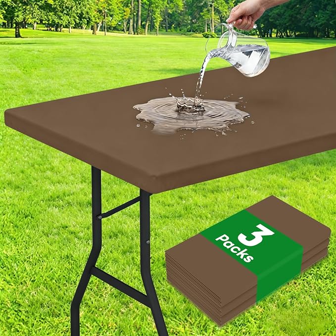 Smiry 3 Pack Rectangle Table Cloth, Elastic Fitted Flannel Backed Vinyl Tablecloths for 8ft Folding Tables, Waterproof Wipeable Table Covers for Indoor, Outdoor, Camping and Picnic (Brown, 30"x96")