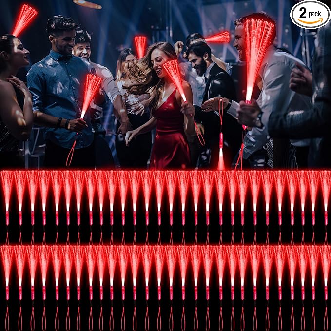 60 Pack Red Fiber Optic Wands Glow Fiber Wands Bulk LED Light Up Wands with 3 Flashing Modes LED Flashing Sticks for July 4th Halloween Christmas Valentine's Day Wedding Birthday