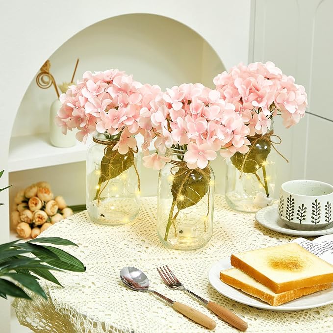 6 Sets Mason Jar with Lights Pink Hydrangea Decorative Pink Centerpieces for Tables Mason Jars Flowers Decorations LED Farmhouse Vase for Home Wedding Event Party Decor