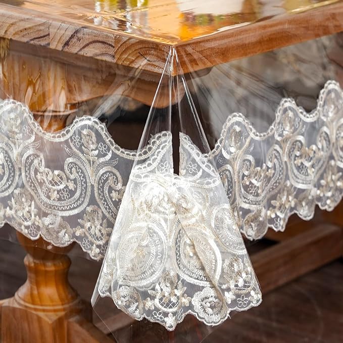 ARTABLE Vinyl PVC Rectangle Tablecloth Waterproof Clear Table Cover with Champagne Lace Macrame Border for Wedding Kitchen Home Outdoor Indoor Holidays Party Decor (Beige, 60 x 120 Inch)