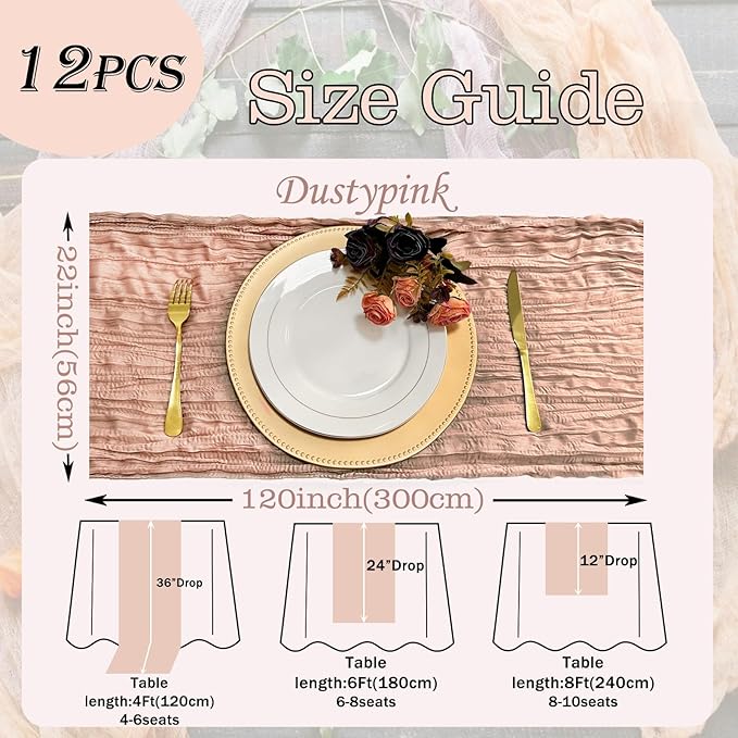 12 Pack Dustypink Cheesecloth Table Runner 22x120 Inch-Naturally Dyed Colors Sheer Gauze Cheese Cloth Wedding Table Runner,Rustic Boho Crinkle Fabric, Reception, Bridal Shower,Farmhouse Dining Decor