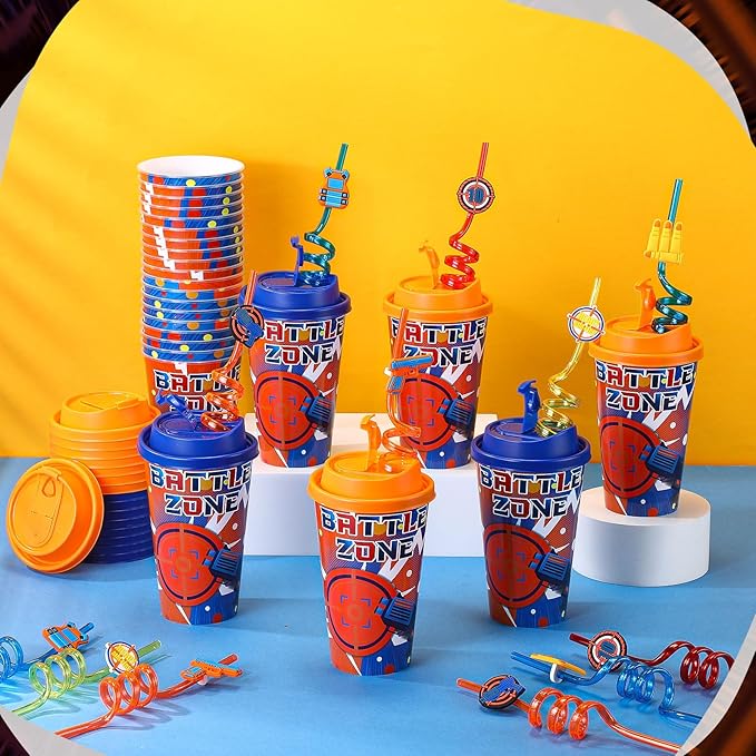 Yungyan 36 Sets Dart Battle Party Favors Goodie Cups with Lids and Straws for Birthday Decorations Reusable 16oz Plastic Candy Cups Plastic Straws for Birthday Party(Dart Battle)