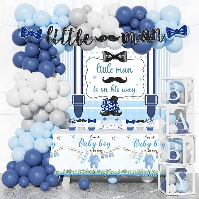 Hombae Little Man Baby Shower Decorations, 106 PCs - Unique Boy Baby Shower Party Supplies with Mustache and Bow Tie Backdrop, Balloon Garland, Cake Topper, Sweet Boy Tablecloth
