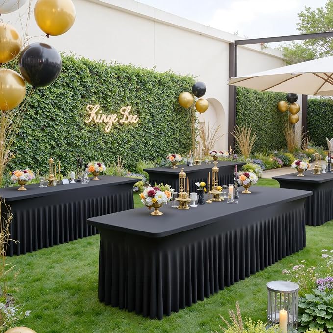 4 Pack Black Spandex Tablecloths for 8 Foot Rectangle Tables, Wrinkle Free Stretchy Table Cloth 8ft Fitted Tablecover Skirt for Parties Weddings Birthday Banquet Baby Shower
