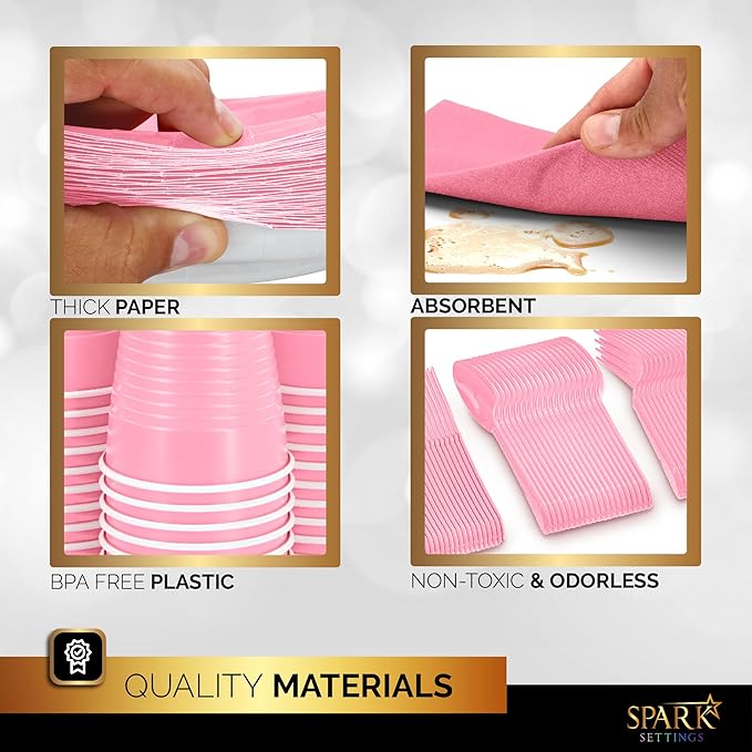 Pink Party Supplies Set Paper Plates Plastic Cups Forks Knives Spoons Napkins Tablecloth Serves 20 Guests Disposable Dinnerware Set of 222 Pieces, Complete Tableware for Party - By SparkSettings