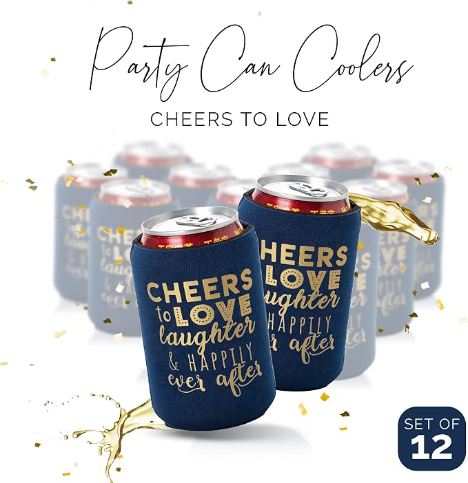 Wedding Can Cooler Decorations Set of 12 - Cheers to Love Laughter and Happily Ever After, Wedding Rehearsal Dinner Decorations - Bridal Showers, Engagement Party Favors for Guests and Supplies