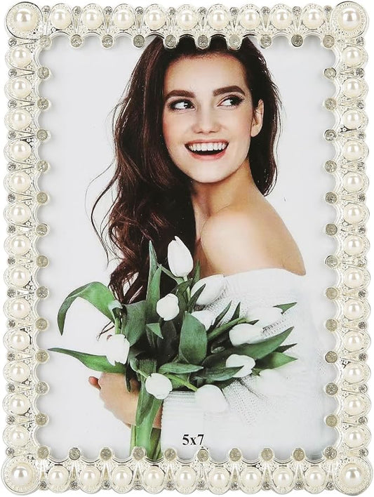 5x7 Picture Frame White Pearl Vintage Wedding Photo Frame with Glass Front | Elegant Art Decor Tabletop or Wall Display for Engagements, Anniversary, Graduation, Birthday Gifts for Women