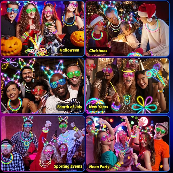 156Pcs Glow In The Dark Party Supplies for Kids/Adults, 4th of July Light Up Accessories LED Bracelet Necklaces Glasses Headband Glow Sticks Bulk Party Pack Neon Disco Birthday Pool Party Decorations