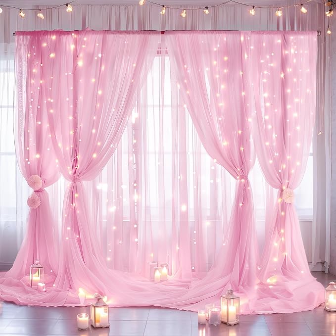 30ft x 8ft Pink Backdrop Curtain with Lights String for Parties, Sheer Tulle Wedding Photo Backdrops Drapes for Baby Shower Birthday Party Decorations Background for Photography