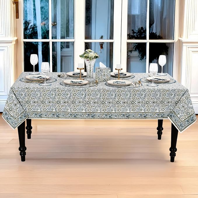 Ridhi Indigo Hand Block Print Cotton Rectangle Tablecloth 108" x 60" inches Reusable Table Cover Decorative Everyday Use for Dining Room, Farmhouse, Home Gift for Spring, Mother's Day