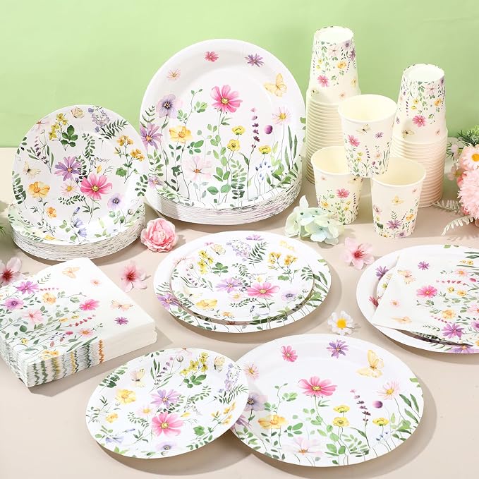 Ziliny 250 Pcs Wildflower Party Decorations Include Spring Summer Floral Paper Plates Napkins and Cups for Wildflower Baby Shower Tea Decorations, Serve 50 Guest(Watercolor,Fresh Style)