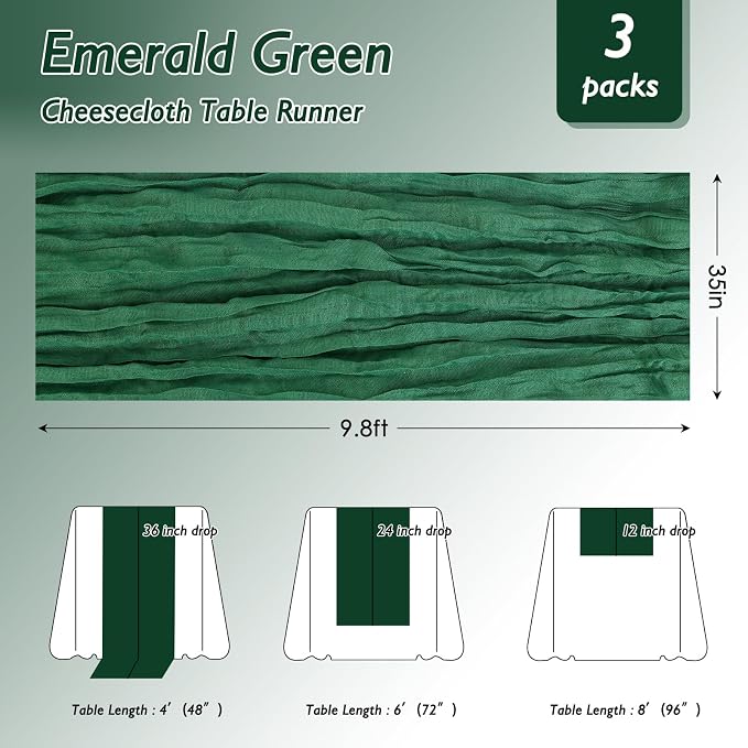 6 Pack Emerald Green Cheesecloth Table Runner 120 Inch 10FT Cheese Cloth Runners for Football Theme, Spring Holiday, Baby Shower, Jungle Theme Party