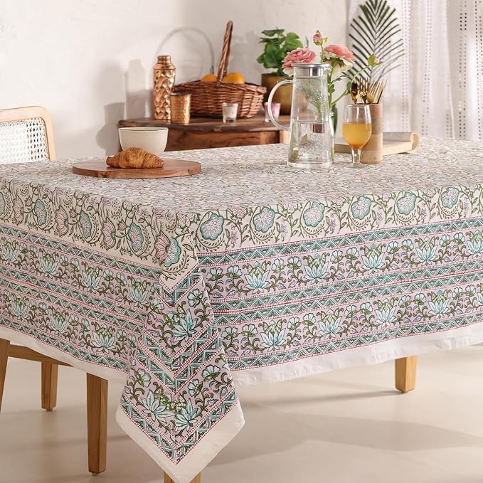 Hand Block Printed Tablecloth, Colorful Floral Print, Indian Artisan Handmade Art, Dining Room, Kitchen, Outdoor Décor, (Rosy Dawn Delight, 8 Seater 72 x 108 Inches Rectangle)