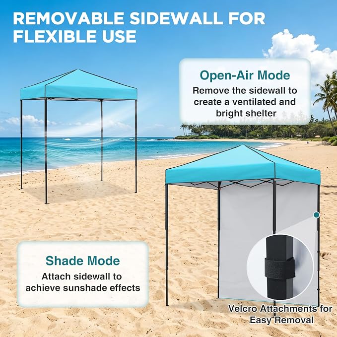 EAGLE PEAK 6x4 Instant Pop Up Canopy Tent with 1 Side Wall Panel, Straight Leg Sun Shelter, Portable Canopy with Carry Bag for Camping, Beach & Sports, Light Blue
