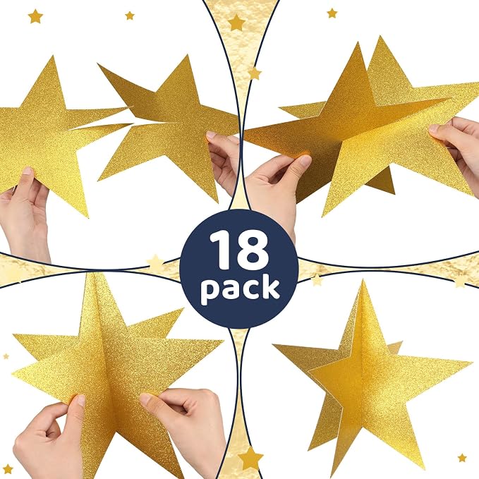 Sinload 18 Pcs Large 3D Glitter Star Decorations Back to School Work Blue Gold Star Centerpiece Standing Hanging Decor for School Centerpiece Starry Movie Night Themed Party Decor