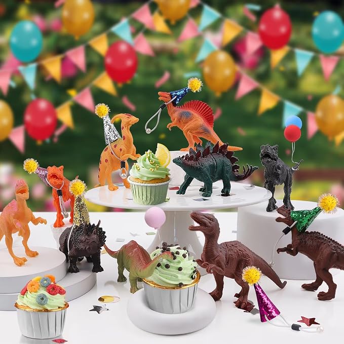 26 PCS Jungle Animal Birthday Party Decorations with Dinosaur Figurines, Mini Hats & Balloons, Cake Toppers for Birthday Party, Wild Animals Party Supplies(Dinosaur)