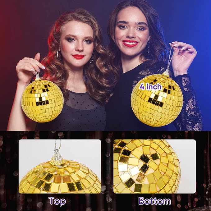 32 Pack Mini Disco Balls Decorations Different Sizes Mirror Ball with Hanging String Small Disco Ball Ornament for Disco Theme Party Cake Topper DJ Club Christmas Wedding Home Decor (Gold)