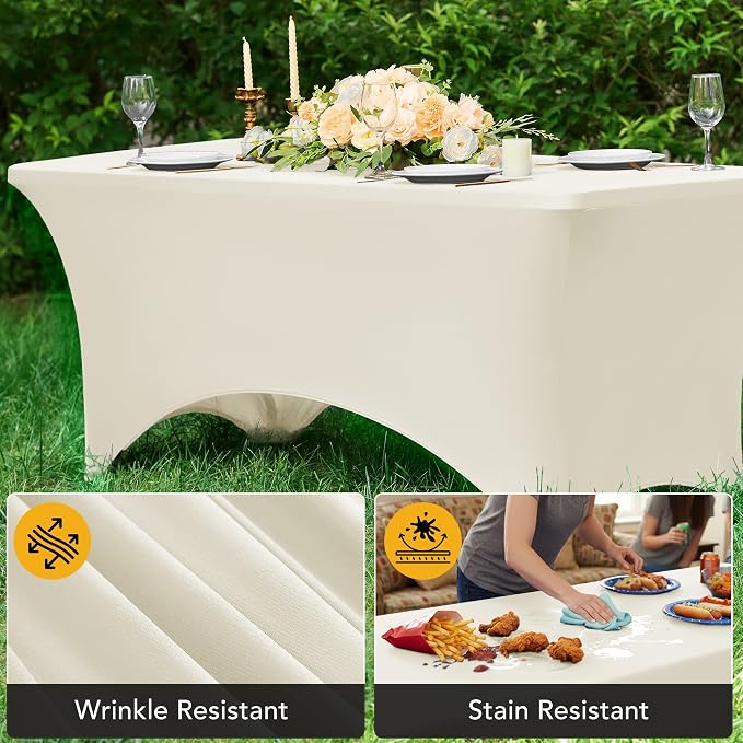 6-Pack Premium Cream Spandex Tablecloths for 6ft Rectangle Tables, Stain & Wrinkle-Resistant, Washable Stretch Polyester Fitted Table Cover for Weddings, Banquets, Trade Shows Events