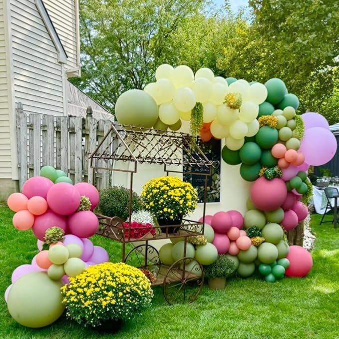 Pink and Green Balloons Arch Double Stuffed, Sage Olive Green Dusty Blush Pink Balloon Garland Yellow Plum Latex Balloon Different Sizes for Fairy Floral Wildflower Tropical Birthday Party Decorations