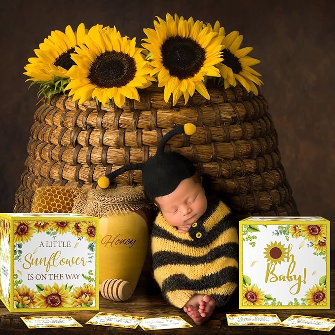 Teling 51 Pieces Diaper Raffle Tickets with Card Box Baby Shower Decorations Baby Shower Holder Box for Girl Boy Diaper Raffle Party(Sunflower)
