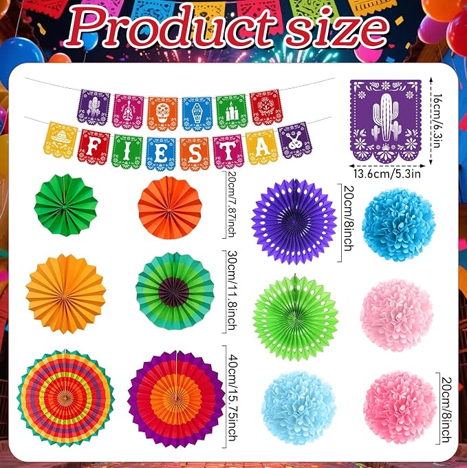 Rakuto Cinco De Mayo Party Decorations, 16PCS Mexican Taco Theme Banners with Paper Fans Birthday Decorations, Fiesta Paper Pom Poms Decor Supplies