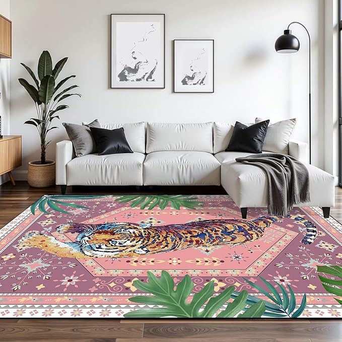 6' x 9' Pink Rug Tiger Floor Mat Bohemian Vintage Tropical Jungle Carpet Modern Indoor Living Dining Room Bedroom Porch Playroom Nursery Doormat Room Decor