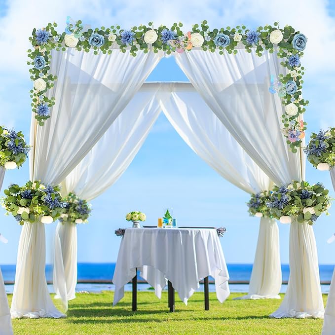 Eucalyptus Garland with Flowers - 1 Pack 5.9 FT Artificial Flower Garland with Butterflies Faux Rose Greenery Garlands for Backdrop Wedding Arch Centerpieces Decorations - Dusty Blue & White