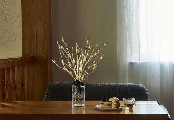 Fudios Lighted Birch Branches 18IN 70 Warm White LED with Timer Twig Lights Battery Operated for Christmas Wedding Party Decoration(2 Set)