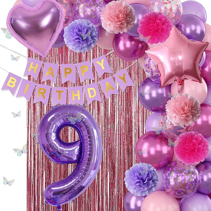 Pink Purple 9th Birthday Party Decorations for Girls Number 9 Balloon Happy Birthday Banner Butterfly Stickers Fringe Curtain Paper Pom Poms Metallic Hot Pink Star Foil Balloons 9 Year Old Princess