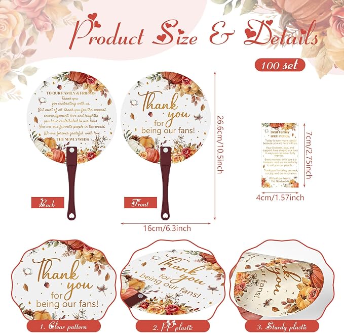 Cinrobiye 100 Sets Wedding Hand Fans Bulk for Guests, Handheld Fans with Thank You Cards, Outdoor Bridal Shower Favors