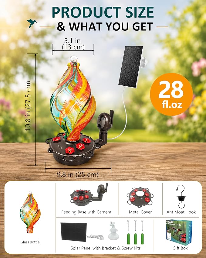 LUJII Smart Hummingbird Feeder with Camera for Outdoor Hanging, Hand Blown Glass, Solar WiFi Feeder with Live View App, 6 Feeding Ports, Leak-Resistant Design, Ant Moat & Gift Box, 28 fl oz, Ribbion