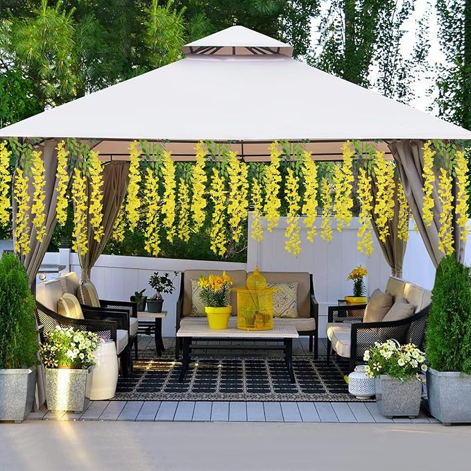 48 Pack Wisteria Hanging Artificial Flowers Fake Flowers Ratta Hanging Garland Silk Flowers String for Home Garden Party Wedding Backdrop Arch Decor (Yellow)