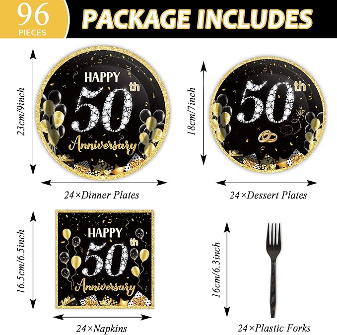 96 Pcs 50th Anniversary Party Paper Plate Napkin Fork Employee Career Wedding 50th Anniversary Gold Black Disposable Paper Dessert Dinner Tableware Fiftieth Anniversary Party Supplies Favors 24 Guests